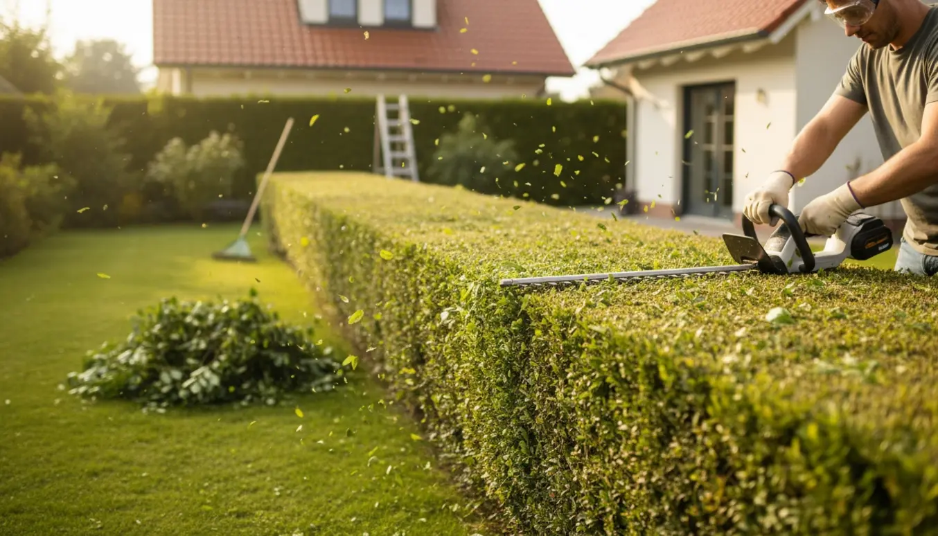 Nogen klipper toppen af en tæt hæk med en hækkeklipper i en solrig have.