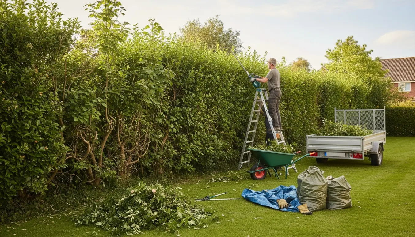 En håndværker set bagfra trimmer en høj, gammel ligusterhæk, mens afklippede grene samles i vogn og affaldssække.
