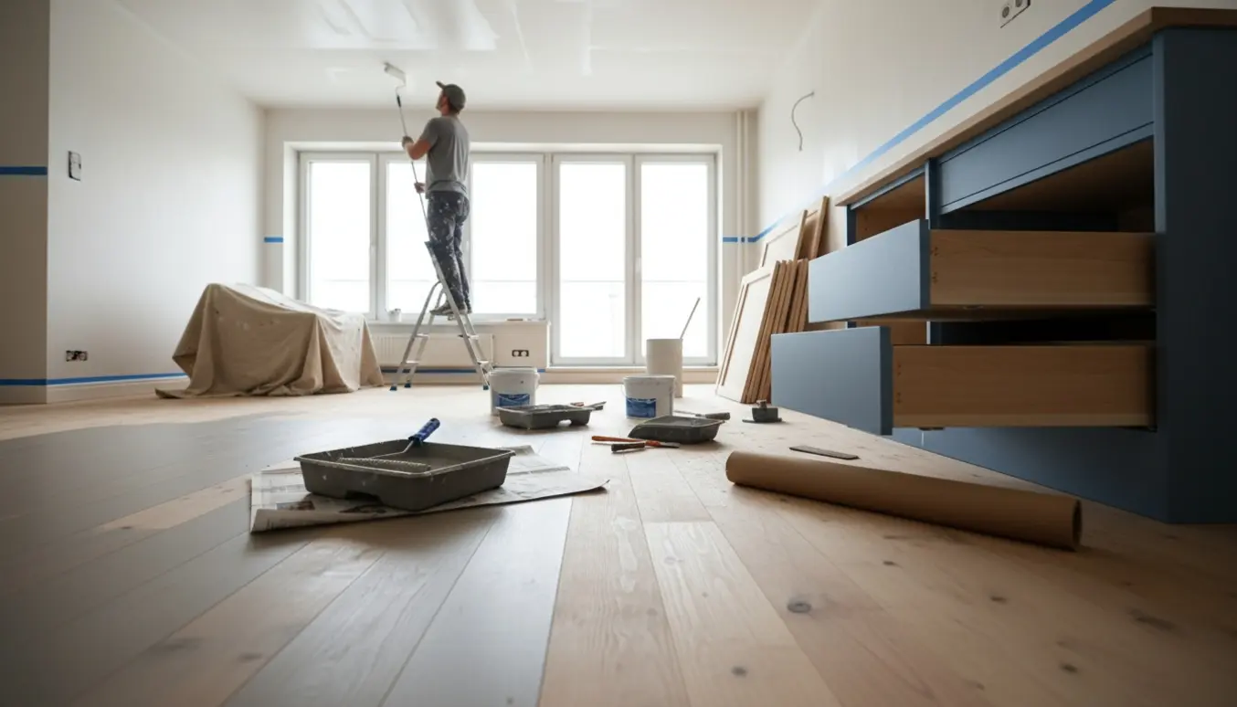 Åben lejlighed under maling med nymalede gulve, loft og køkkenskuffer og malerværktøj i naturligt dagslys.
