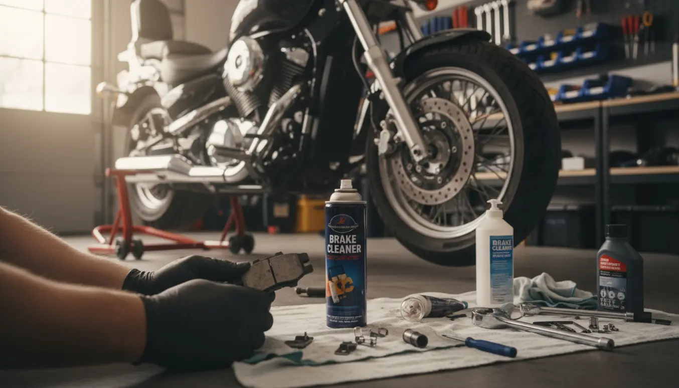 Nærbillede af en cruiser-motorcykel på donkraft, hænder skifter for- og bagbremser og udskifter speedometerpære med værktøj og reservedele ved siden af.