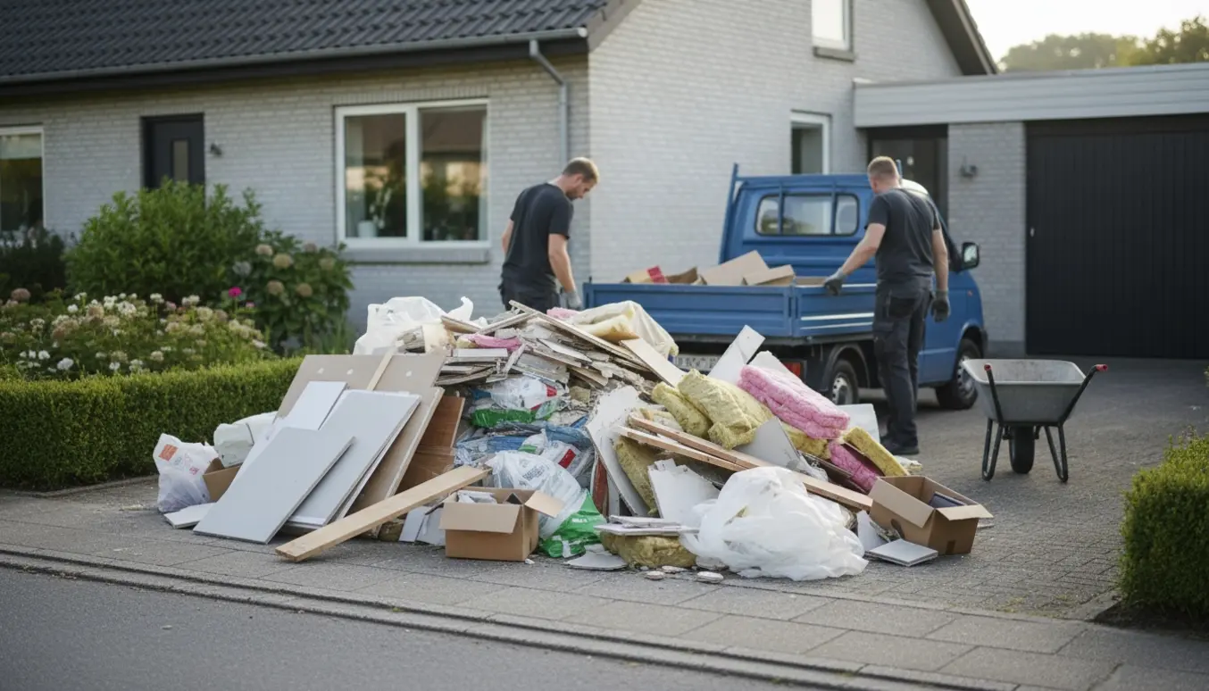 Usorteret byggeaffald ved indkørsel til parcelhus i Fredensborg klar til afhentning.