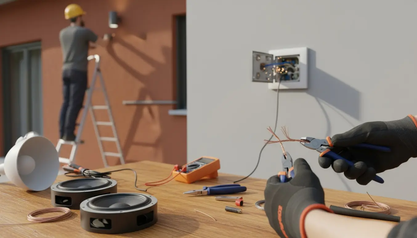 Hænder arbejder med kabler og værktøj ved et bord, mens en udendørslampe monteres på en husfacade i baggrunden.