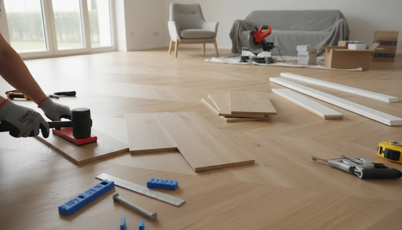 Hypperealistisk foto af lægning af sildebensgulv i lys eg med værktøj og to nye fodlister klar til montering.