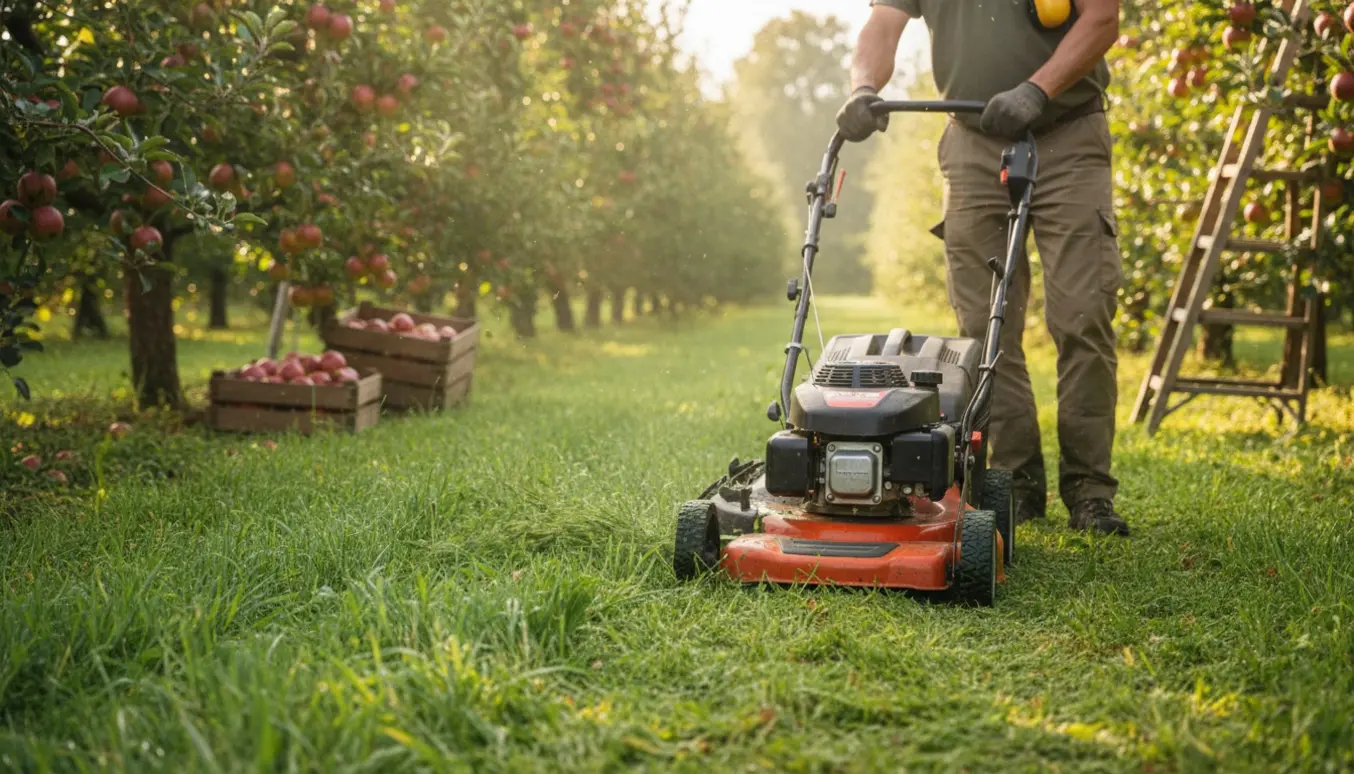 En kompakt motorplæneklipper slår højt græs mellem rækker af frugttræer i en solbelyst frugtplantage.