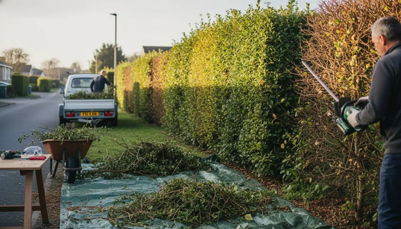 En person beskærer en lang tjørnehæk med hækkeklipper, mens afklip klares i trailer og trillebør.