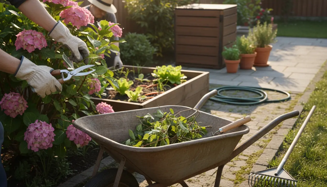 Hænder beskærer en busk og fjerner ukrudt i en velholdt have med værktøj og en trillebør.