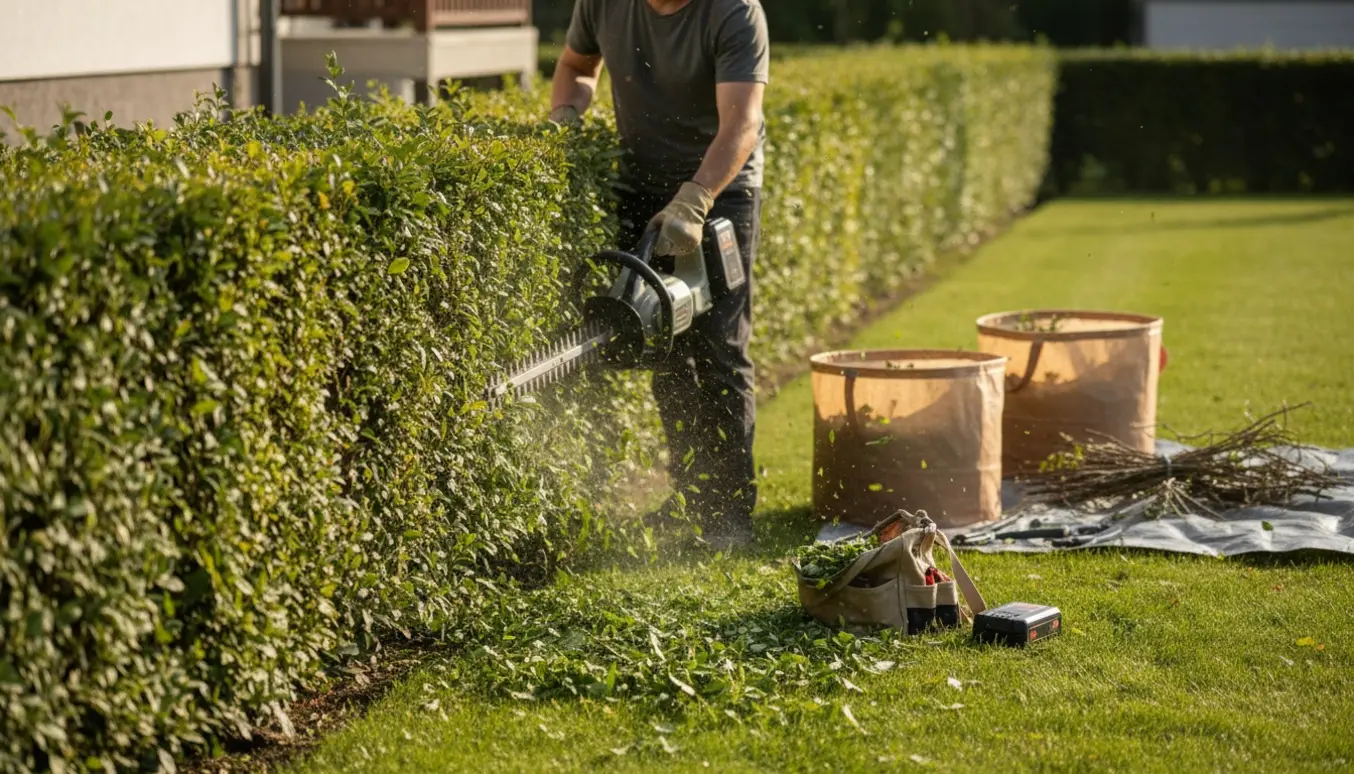 Lang hæk bliver klippet med en batteridrevet hækkeklipper, og afklip lægges i affaldsbeholdere.