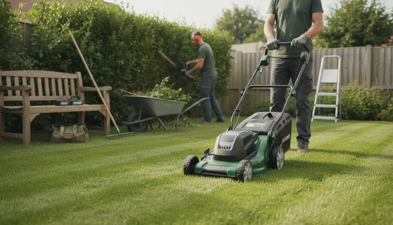 Person klipper hæk og slår græs i en privat baghave med plæneklipper og hækkeklipper i fokus.