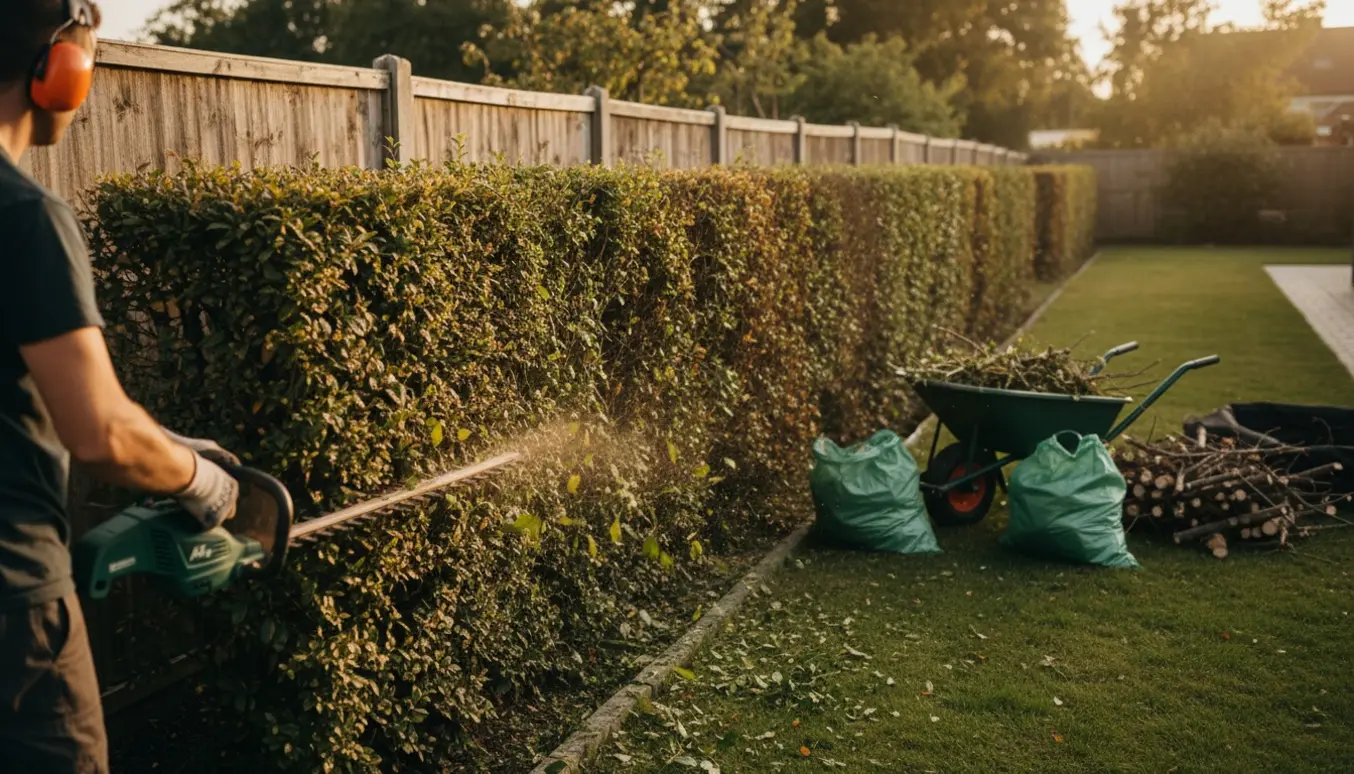 En person beskærer en ca. 7 meter lang hæk fra siden og i toppen med hækkeklipper, mens afklip ligger klar til bortskaffelse.