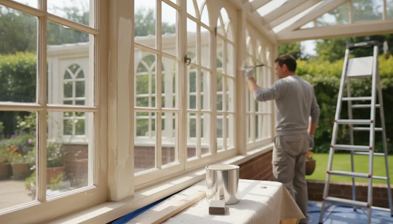 Maler sliber og maler vinduesrammer og en udestue med mange ruder.