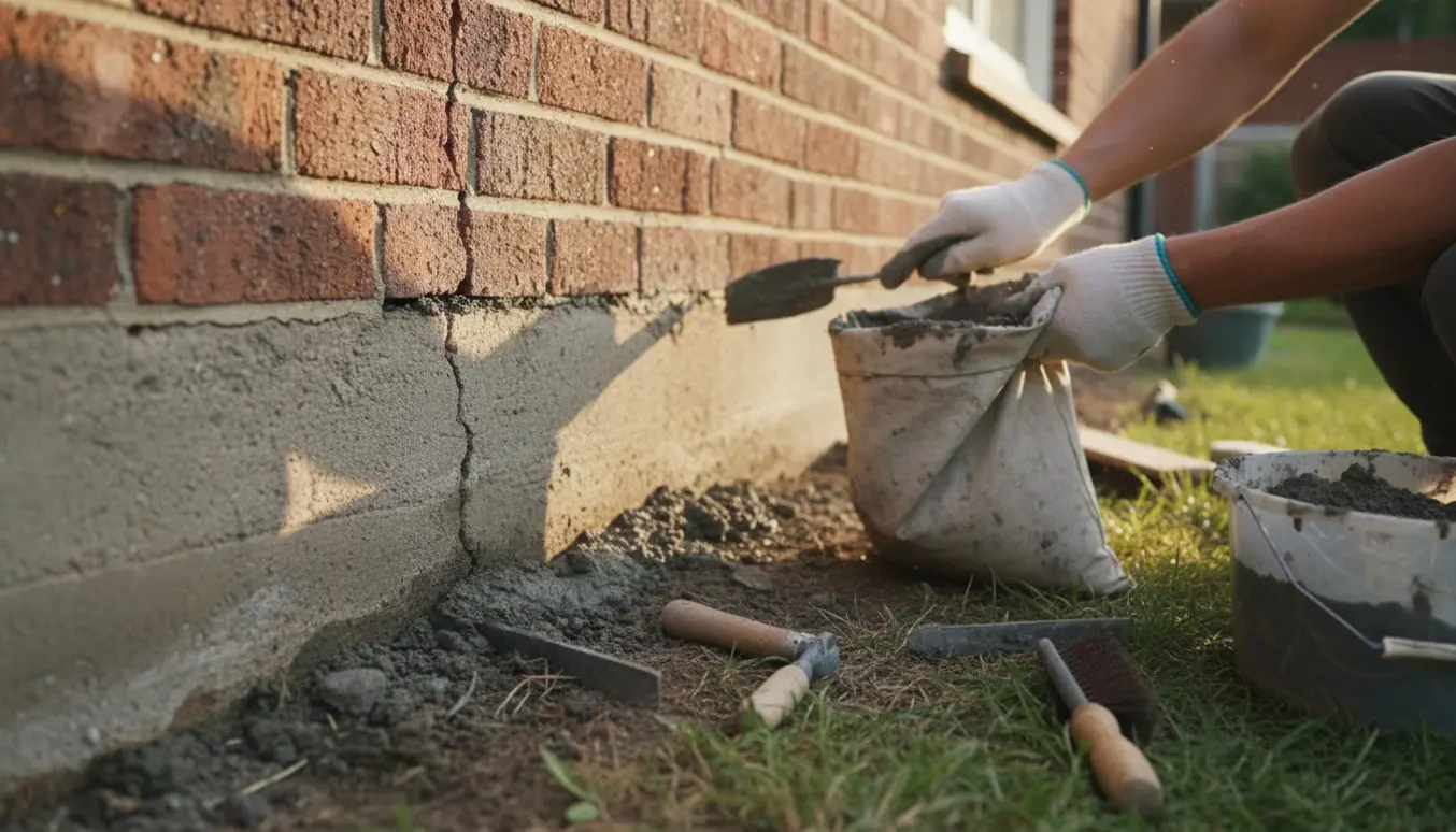 Nærbillede af reparation af sokkel og murfuger, hvor hænder fylder revner med frisk mørtel.