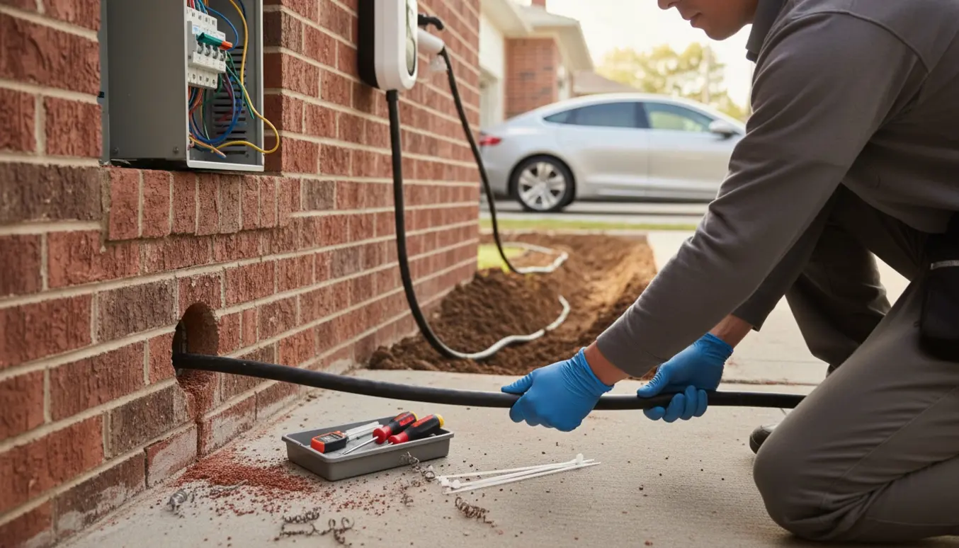 Elektriker trækker kabel gennem mur til installation af 22 kW ladeboks ved indkørsel, med åben sikringsgruppe i baggrunden.