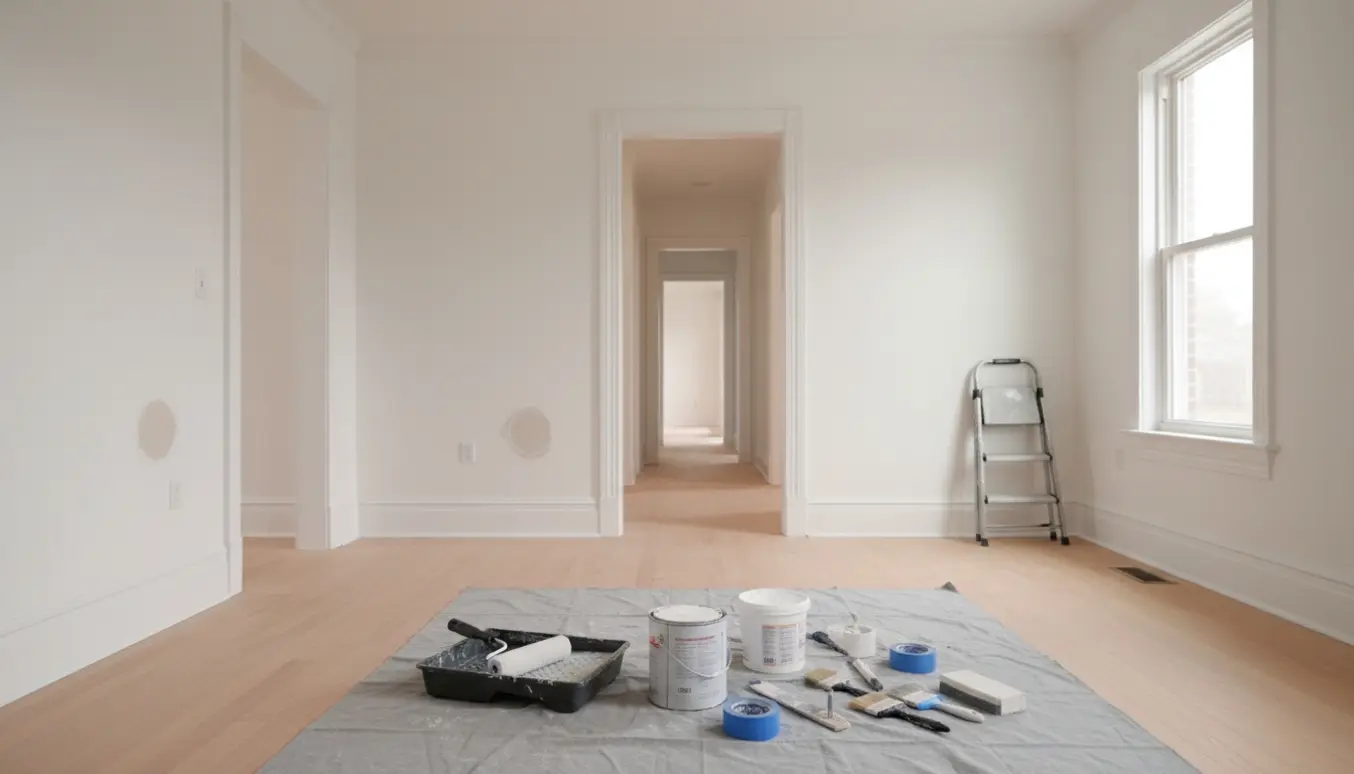 Tom, nyindkøbt bolig med nymalede hvide vægge, spartlede huller og malerudstyr på afdækningsstof.