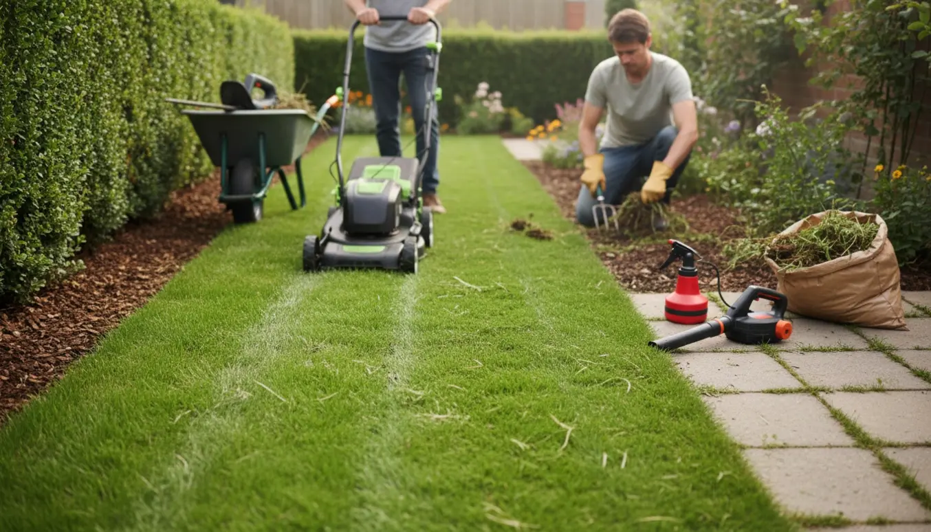 En have hvor græs bliver slået og ukrudt luges med haveredskaber.