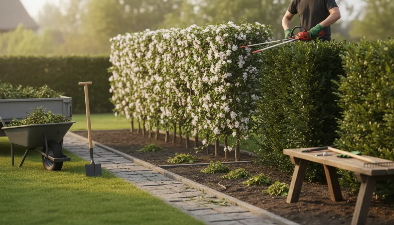 Solbelyst have med beskårne hække, nyrensede græskanter og en trailer med haveaffald.