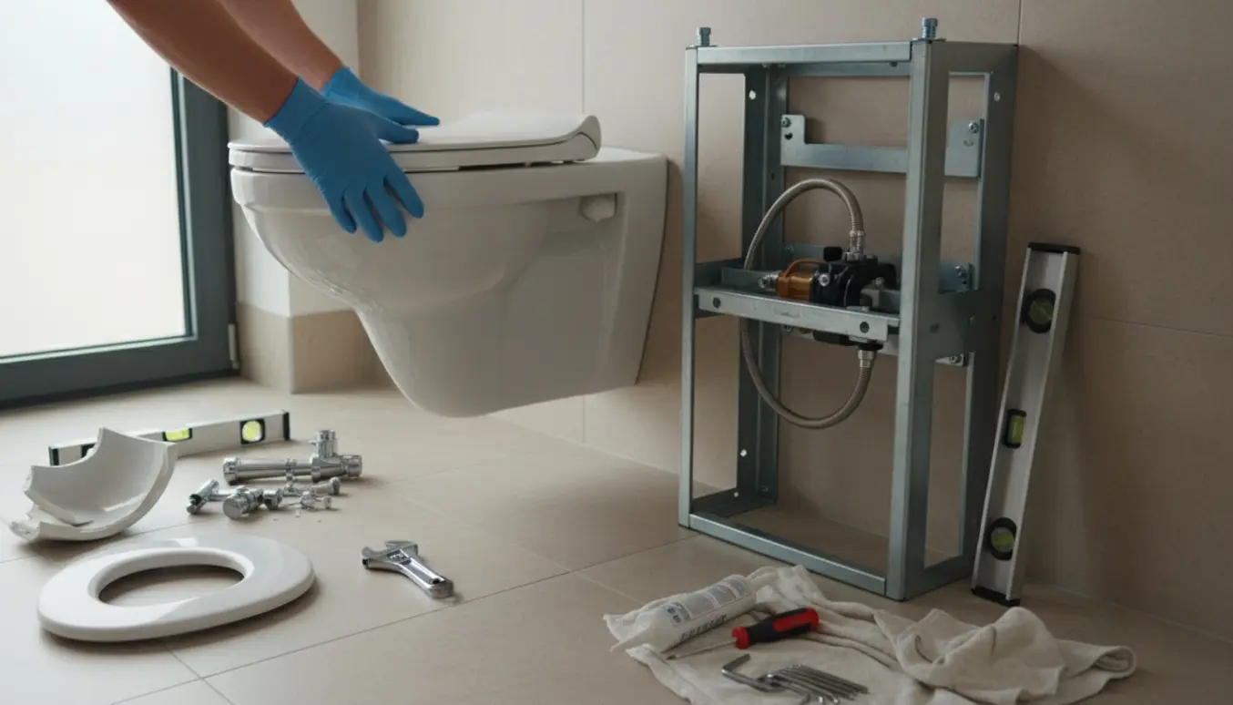 Væghængt toilet bliver monteret foran en åben installationsramme i et badeværelse.