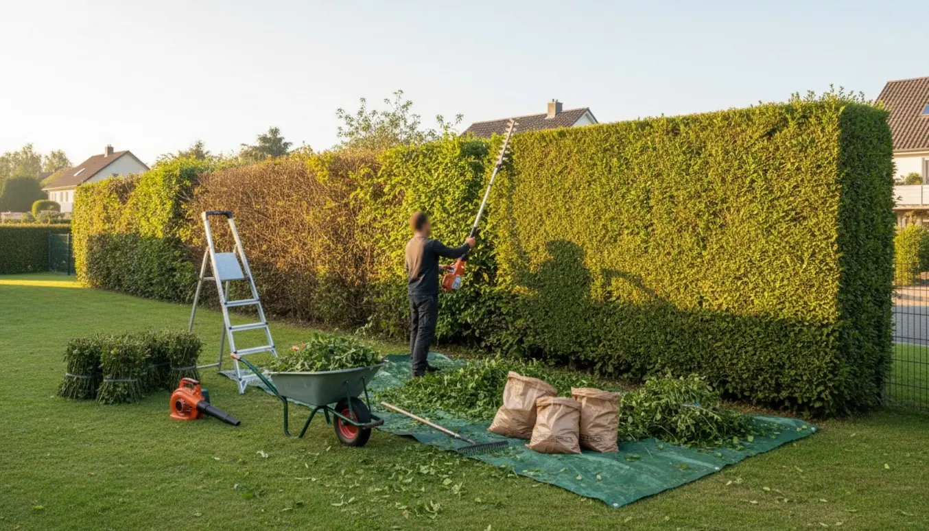 Havearbejder trimmer en lang hæk med teleskophæksaks og samler afklip i en trailer og affaldsposer på en velplejet græsplæne.