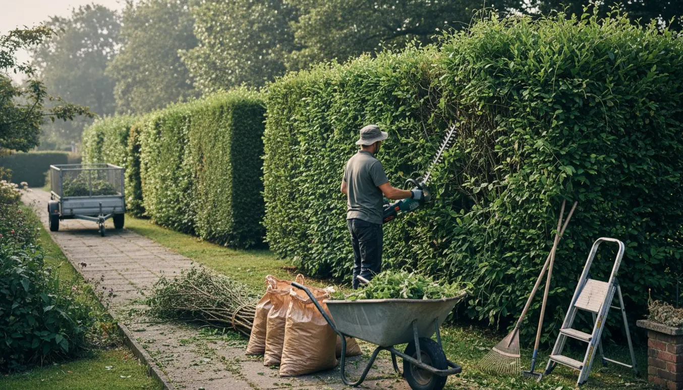 Ryggvendt havemand klipper en lang dobbeltsidet hæk med en trillebør fyldt med afklip og poser klar til bortskaffelse.