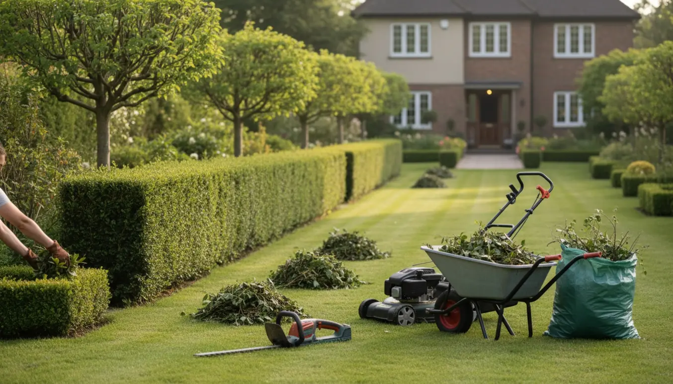 Nyklippet hæk og nyslået græs med værktøj og bunker af afklip foran et ryddet hus klar til fremvisning.