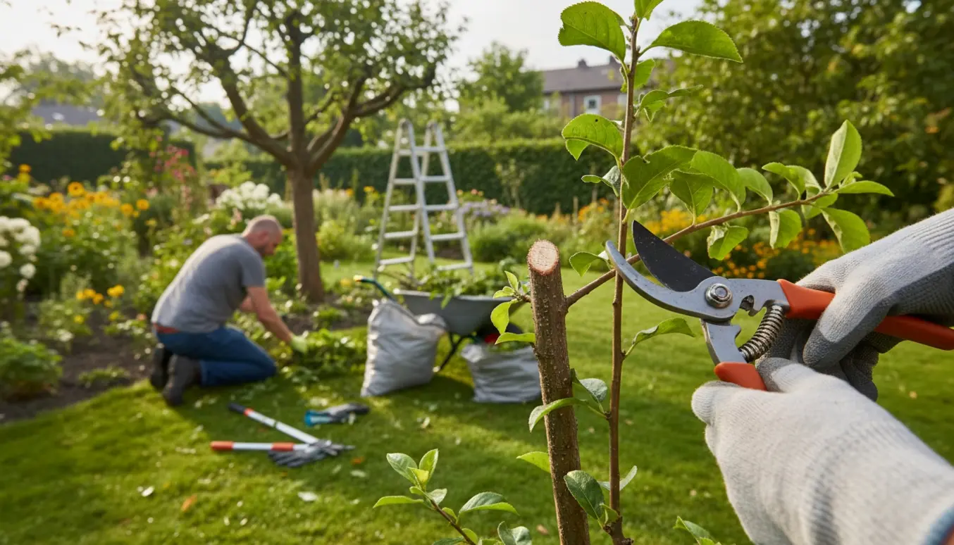 Hænder beskærer en gren med saks, mens ukrudt trækkes op i en have med værktøj i baggrunden.