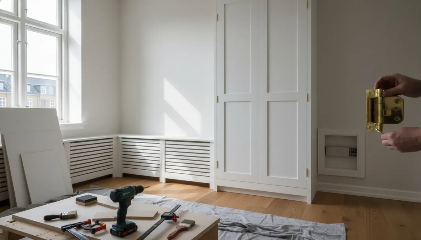 Indbygget hvidt skab i klassisk københavnerstil under montering med synlige hængsler og radiatorskjulere langs væggen.