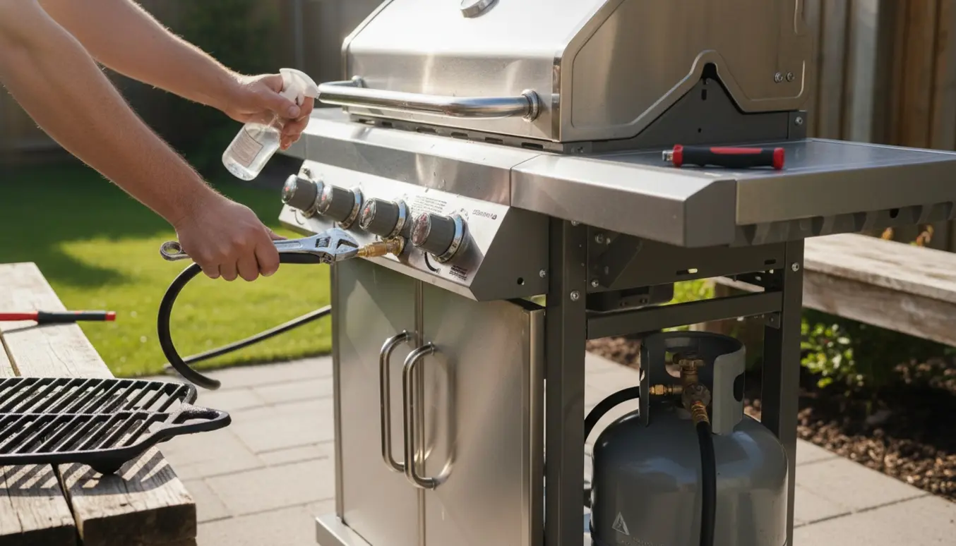 Nyligt samlet gasgrill på terrasse med propantank og hænder, der tester forbindelsen med sæbevand.