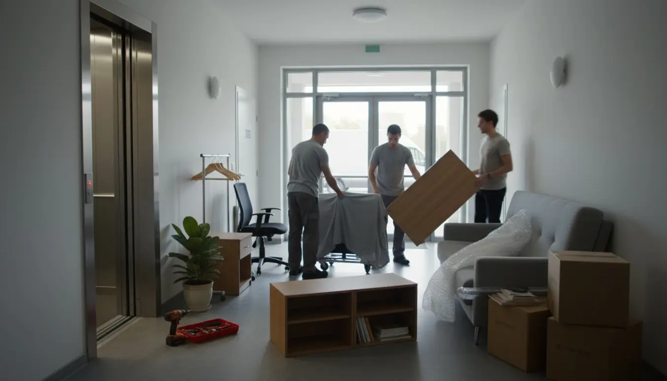 Flyttefolk og beboer læsser møbler og flyttekasser i opgangen ved en åben elevator, klar til flytning.