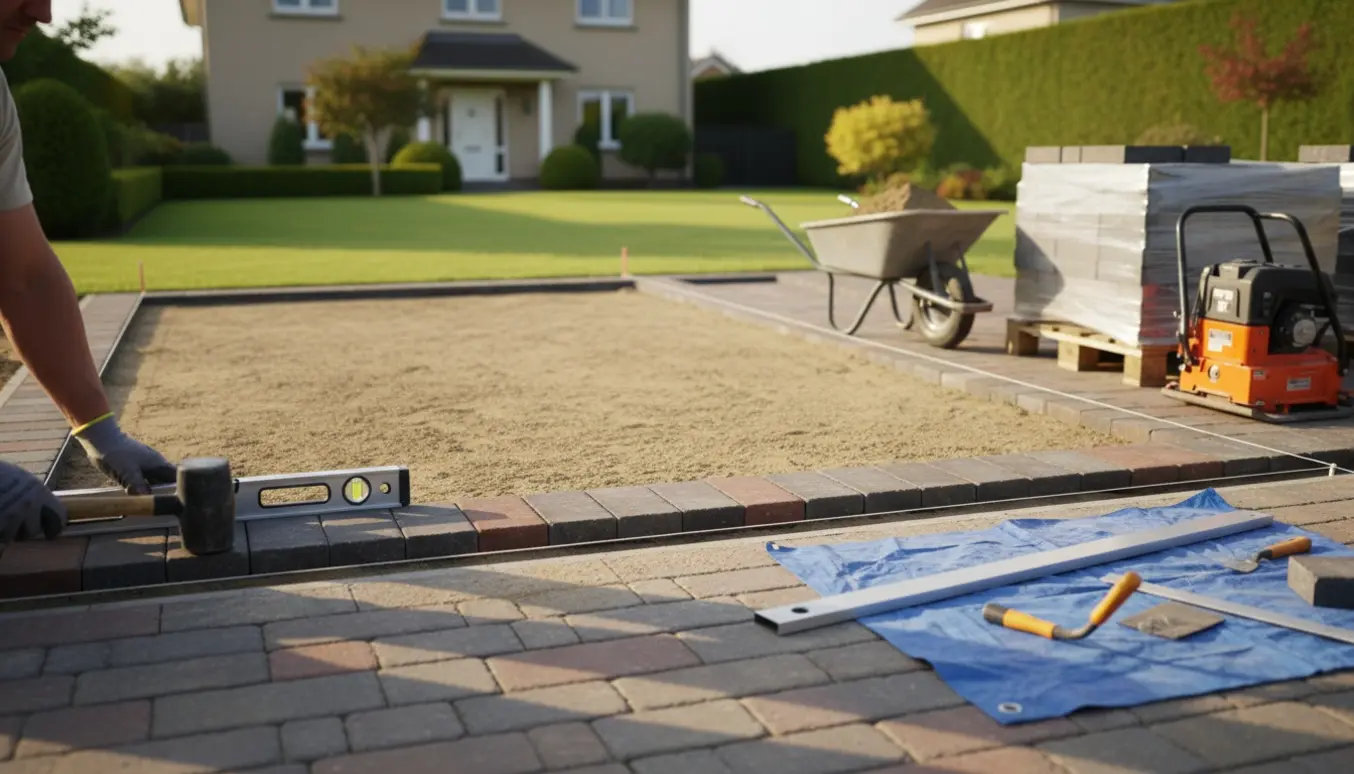 Delvist lagt indkørsel med kørefliser, stak nye fliser, skovl og pladevibrator mens sand fjernes fra kompakt jord.