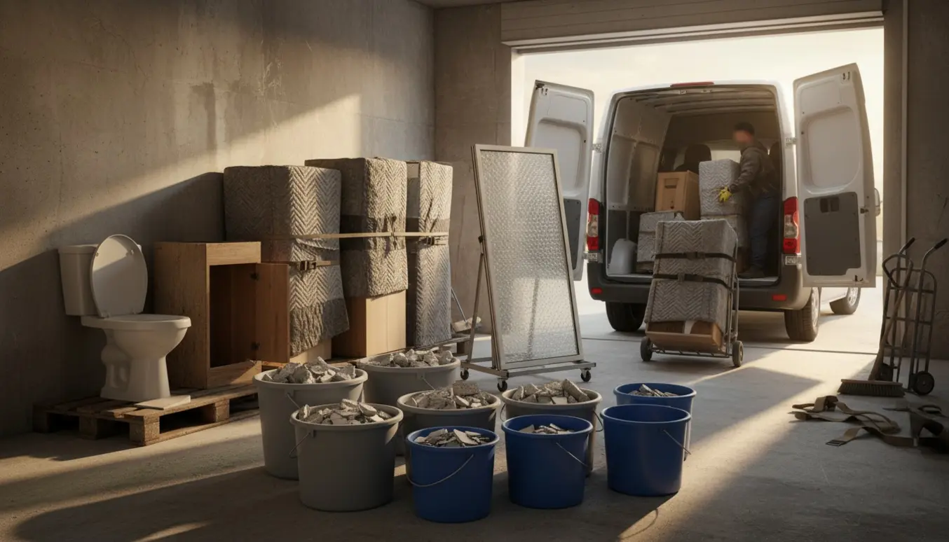 Garagemiljø med spande fyldt med gasbeton, et gammelt toilet, vask, skabe og en beskyttet glasdør klar til afhentning.