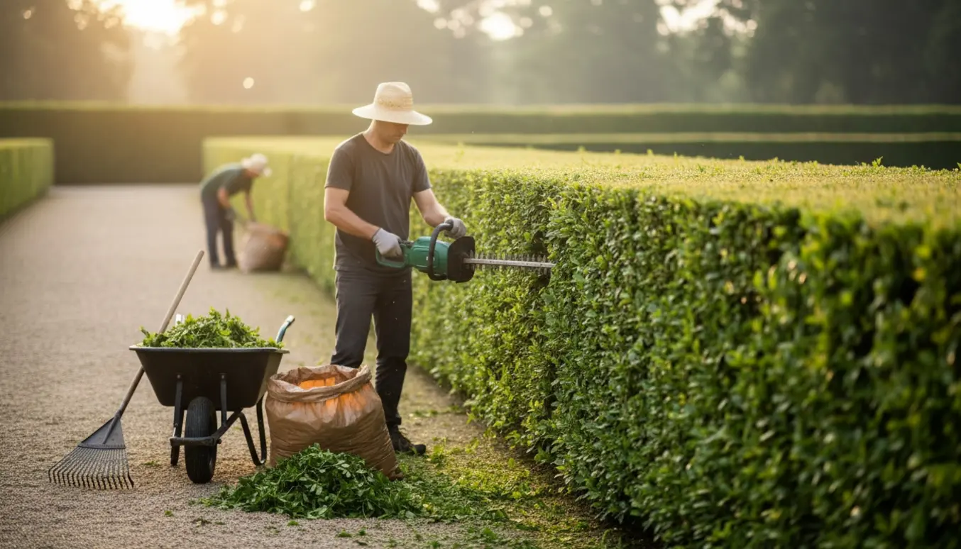 Person klipper en cirka 1,8 m høj hæk langs en lang havegang, med hækafklip samlet i en trillebør.