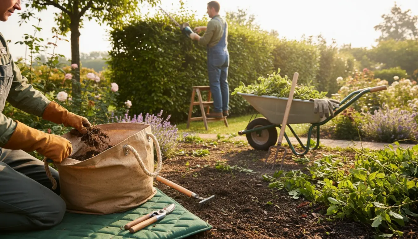 En person set bagfra trimmer en hæk, mens handske‑klædte hænder fjerner ukrudt i en frodig have.