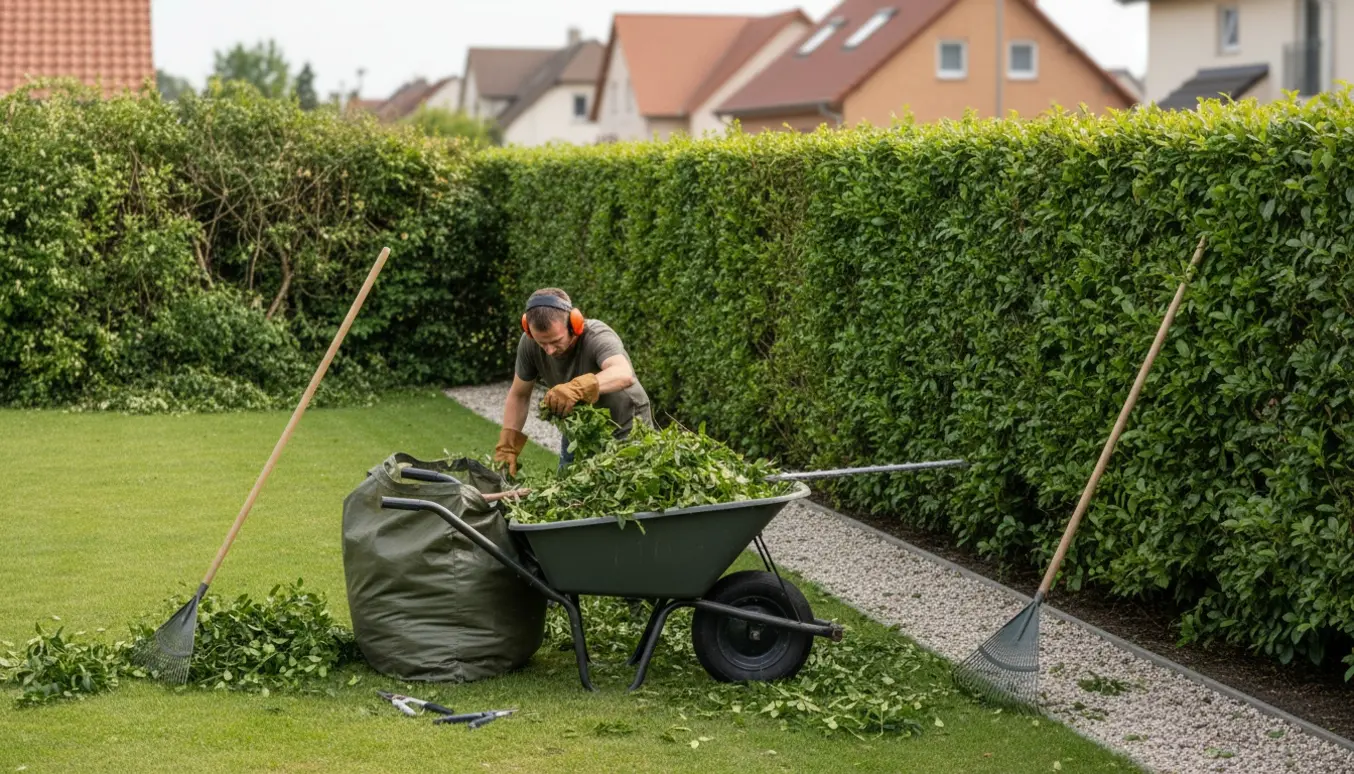 Lang ligusterhæk bliver top- og sideklippet, mens trillebør og opsamlingspose fyldes med afklip.