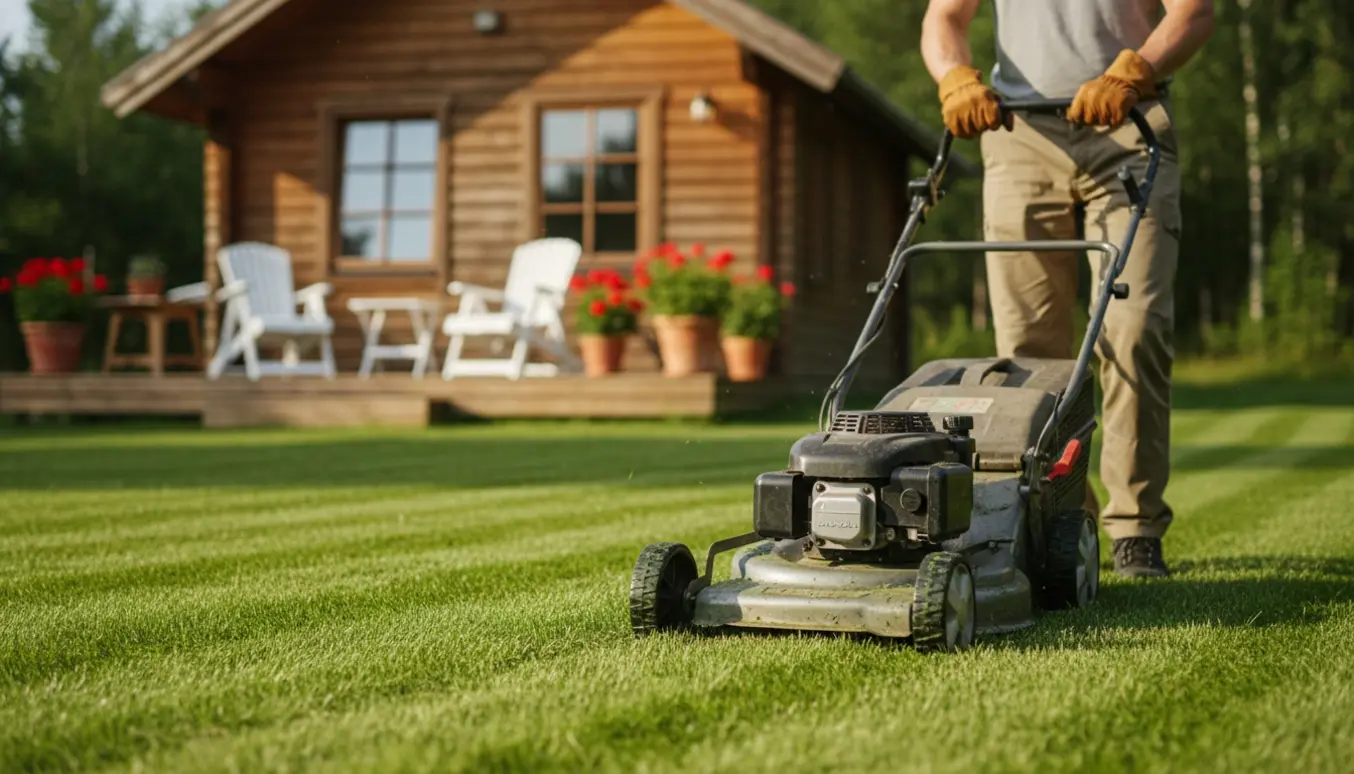 Nærbillede af en person set bagfra, der klipper græsset foran et hyggeligt sommerhus.