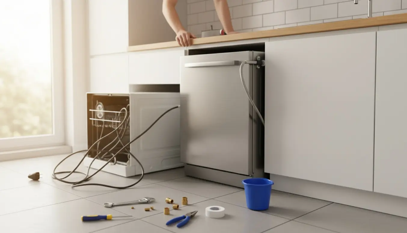 Montage af en ny opvaskemaskine i et smalt IKEA-køkkenskab med værktøj og synlige slanger.