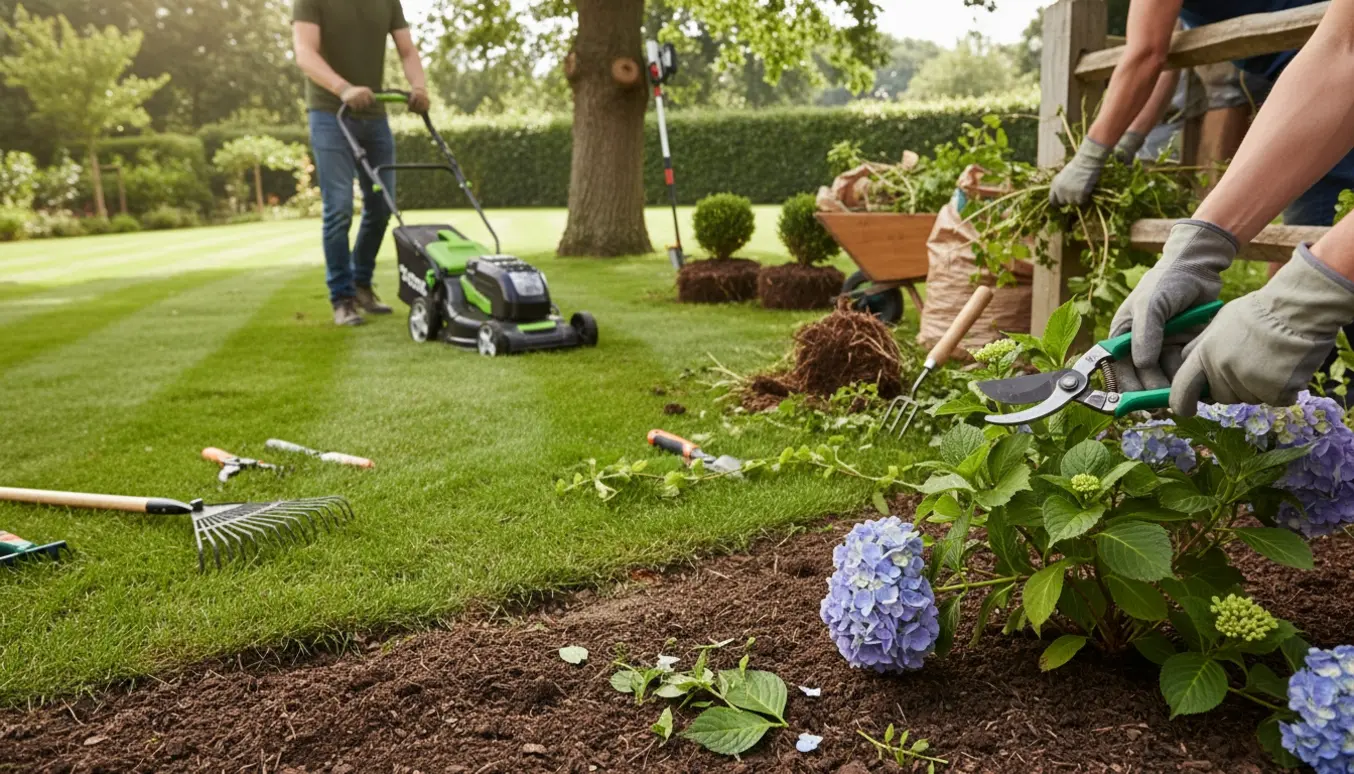 Haveredskaber, græsslåning og beskæring i en lille have med fjernede buske i en trillebør.