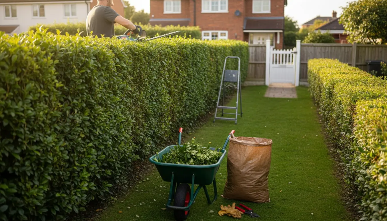 Nyklippede liguster- og spireahække i en forhave med haveredskaber og opsamlet klippeaffald.