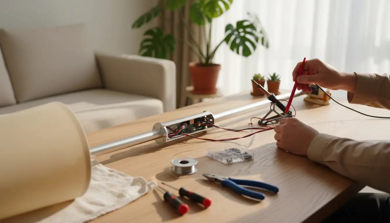 Nærbillede af en LED-gulvlampe under reparation på et arbejdsbord med værktøj.