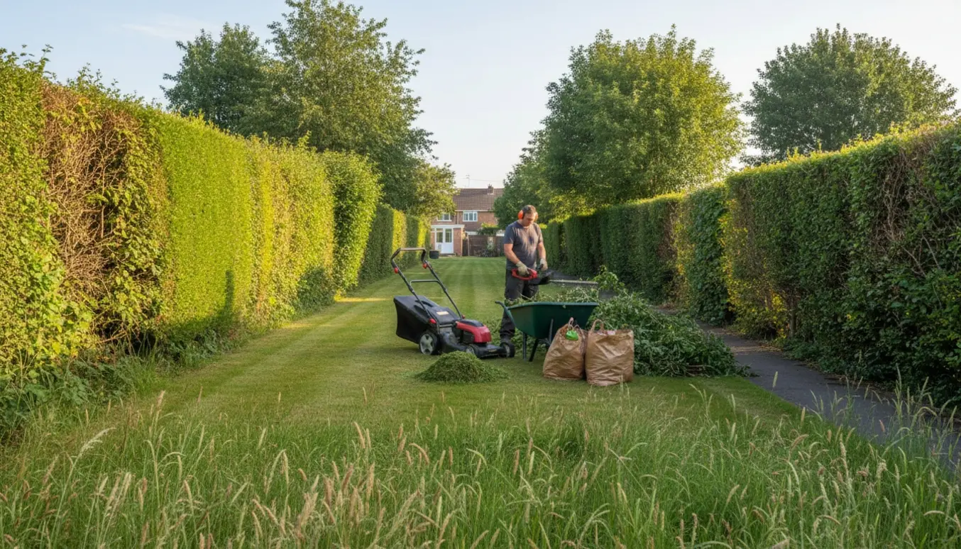 Lang, smal have med nyslået stribe græs, forskelligt klippede hække og haveaffald i en trillebør.