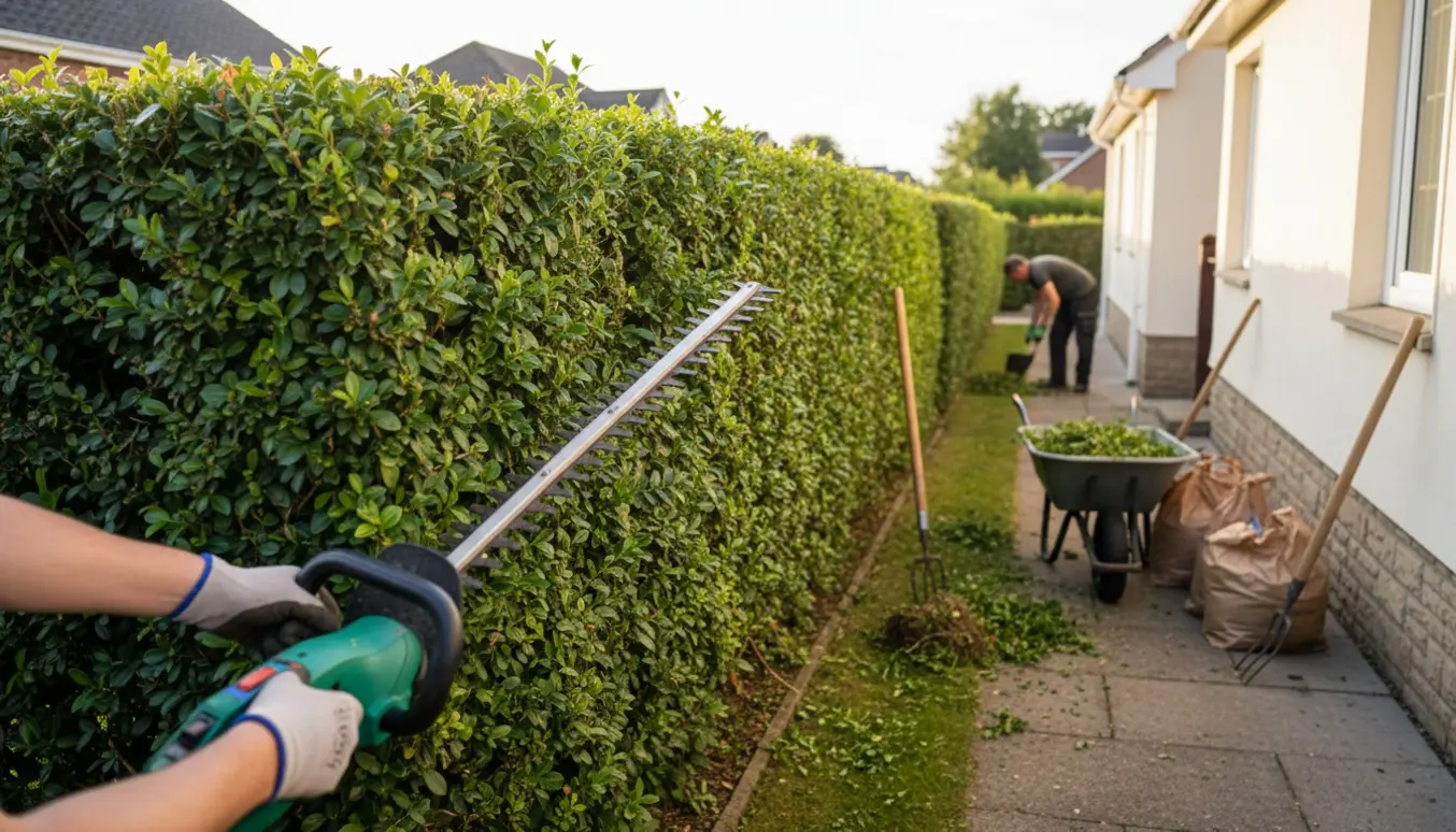 Person trimmer ligusterhæk, fjerner ukrudt mellem hæk og hus og samler afklip i en trillebør.