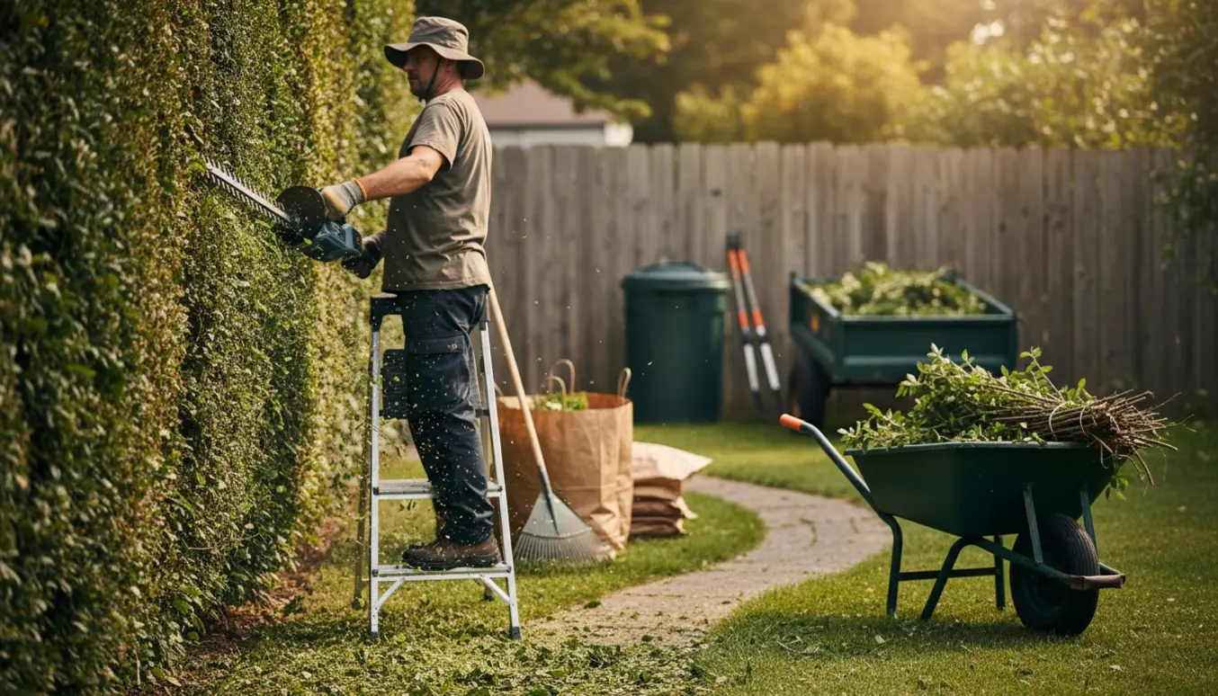 Ryggen af en person, der trimmer en hæk med trillebør, poser og bundter af hækaffald klar til bortskaffelse.