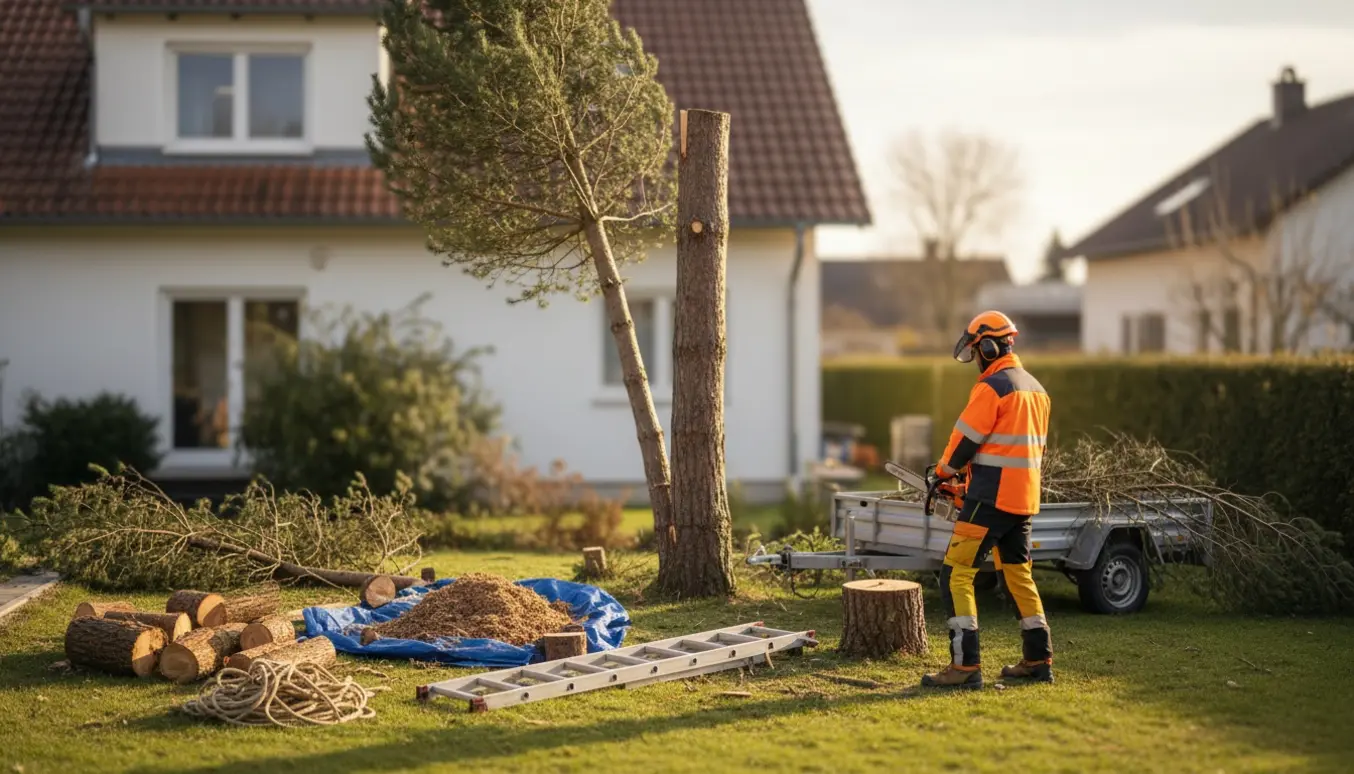 Fældning af flækket fyrretræ i have ved hus med sav, stablede stammer og oprydning.