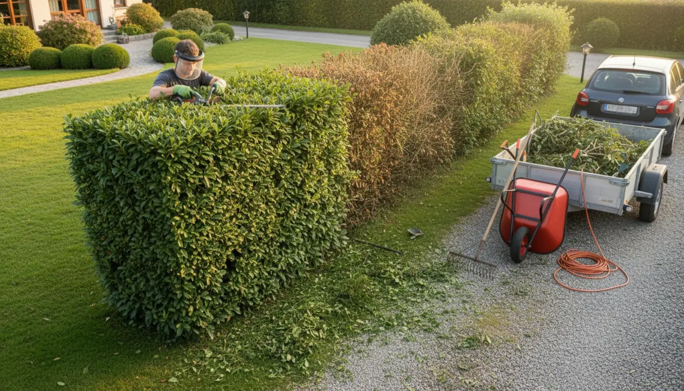 Lang hæk med nyslået side, elektrisk hækklipper og afklip samlet ved en trailer.