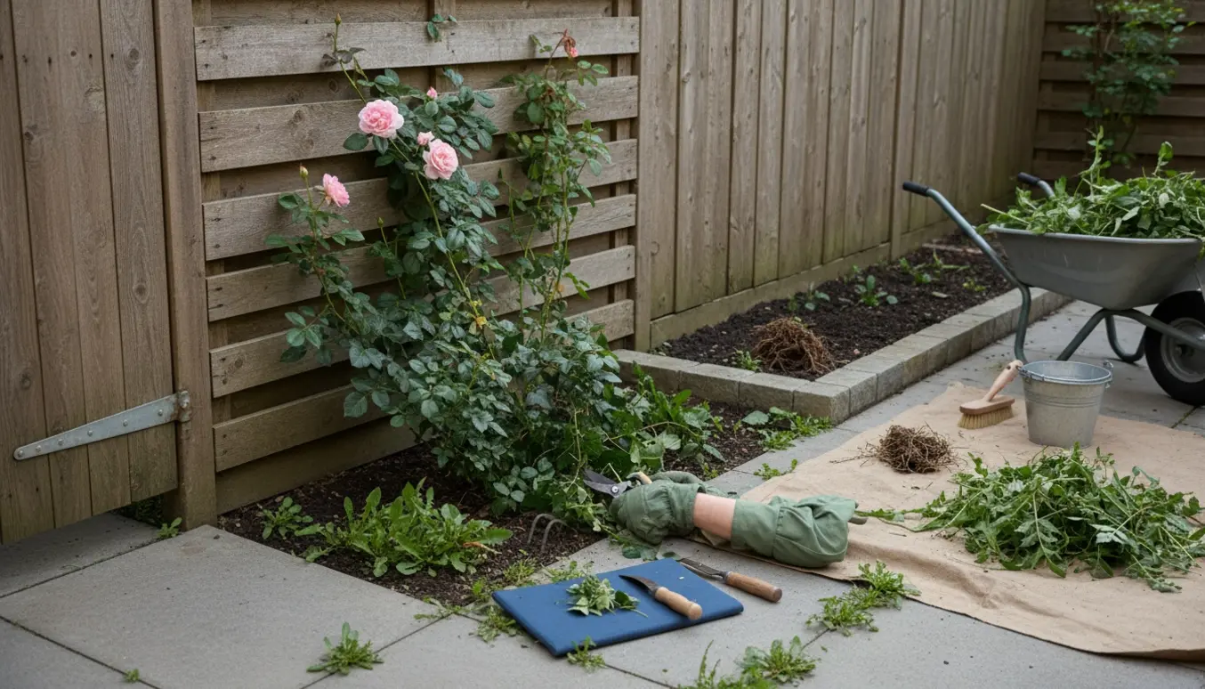 Gårdhave hvor efeu fjernes fra plankeværk, slyngrose bevares og ukrudt luges mellem fliserne.