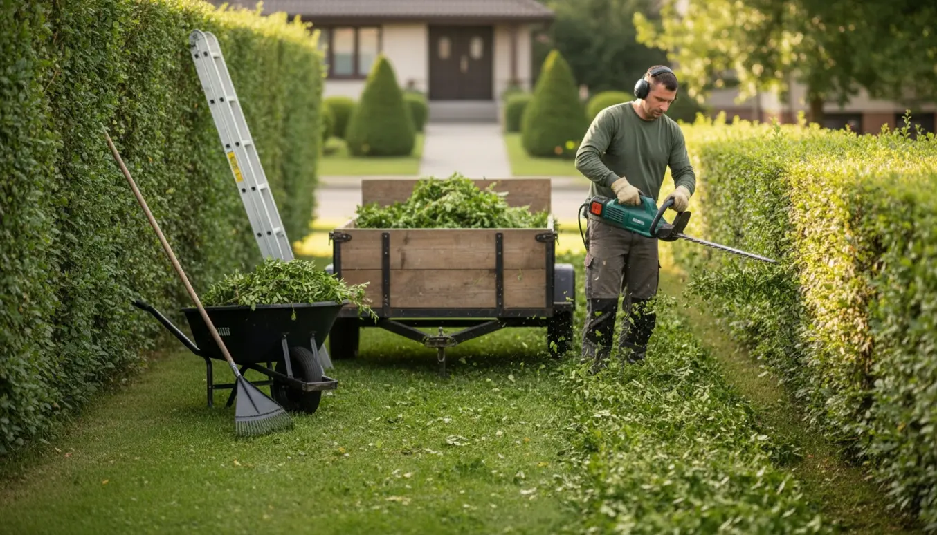 En person trimmer en ligusterhæk med en elektrisk hækklipper, mens afklip samles i en trailer.
