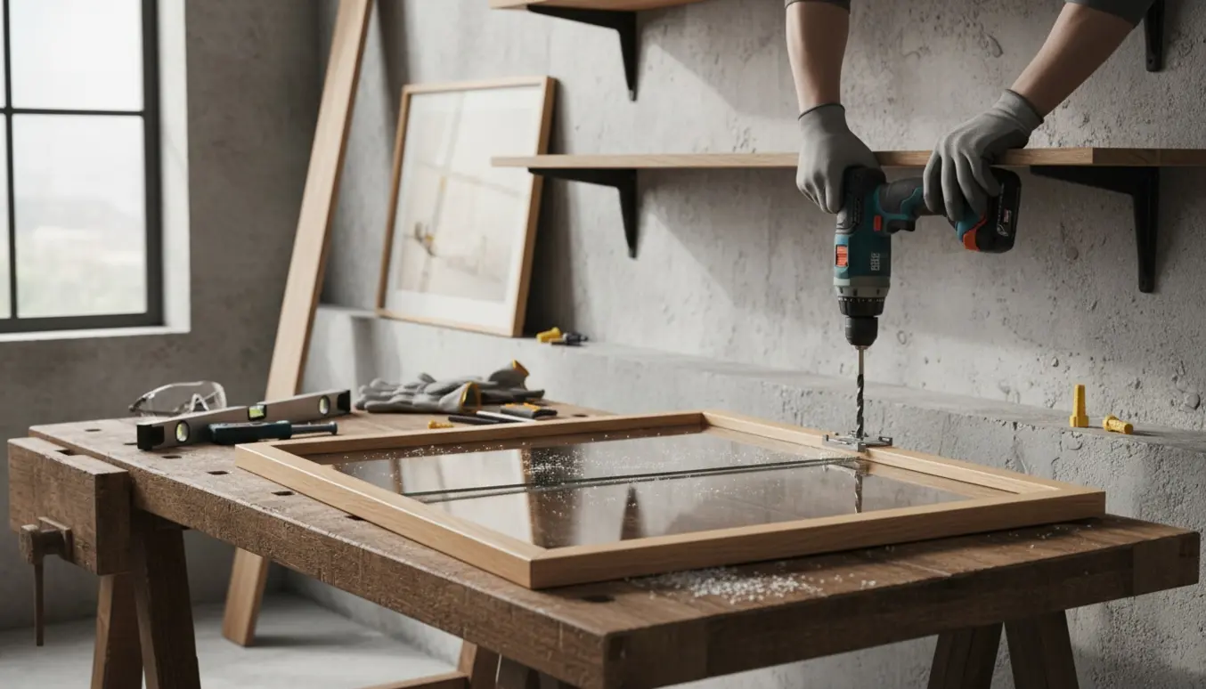 Værktøj og hænder, der borer hylder i en betonvæg og tilpasser plexiglas til en billedramme.