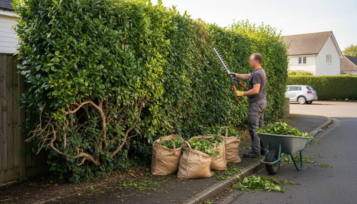 Gartner klipper en høj efeuhæk ved en hjørnegrund, med afklip samlet i sække og en trillebør.