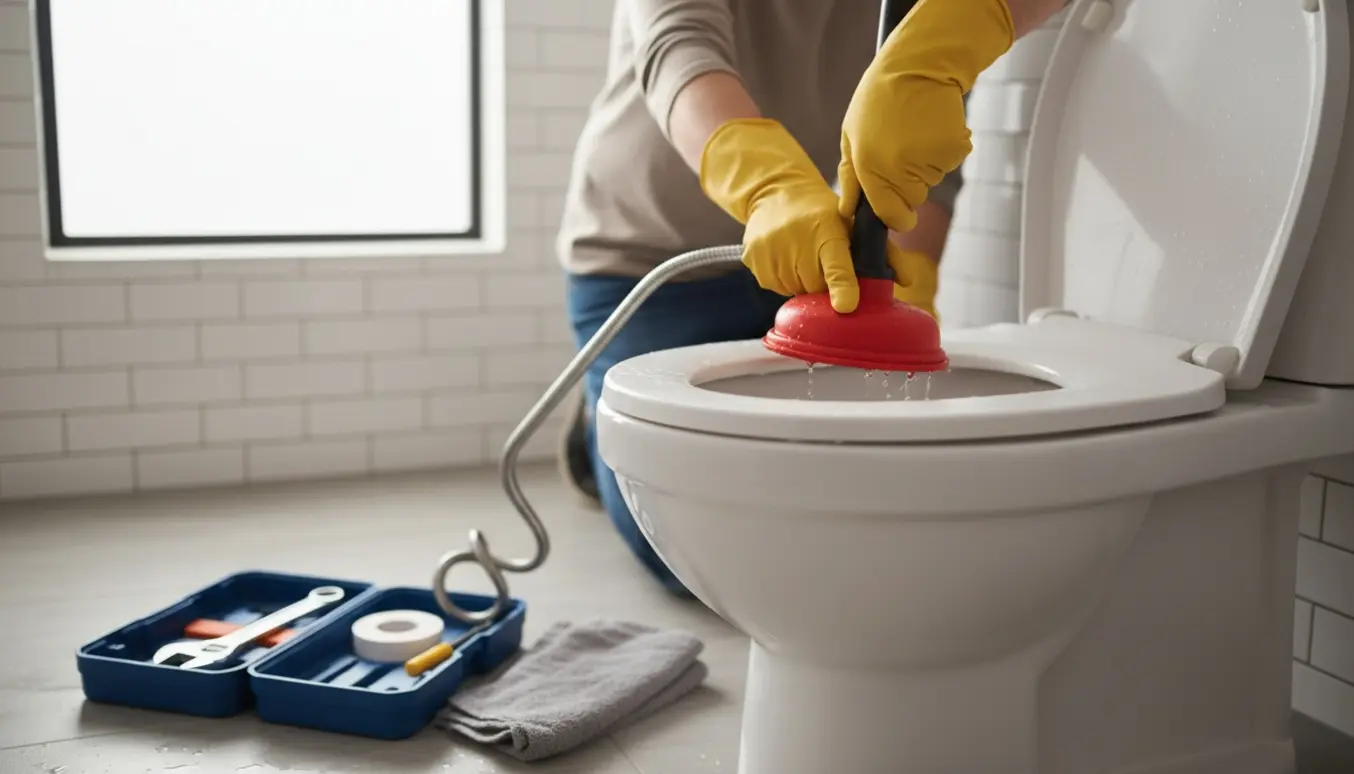 Nærbillede af et stoppet toilet, hvor en VVS'er bruger en sugekop, og VVS-værktøj ligger klar på gulvet.