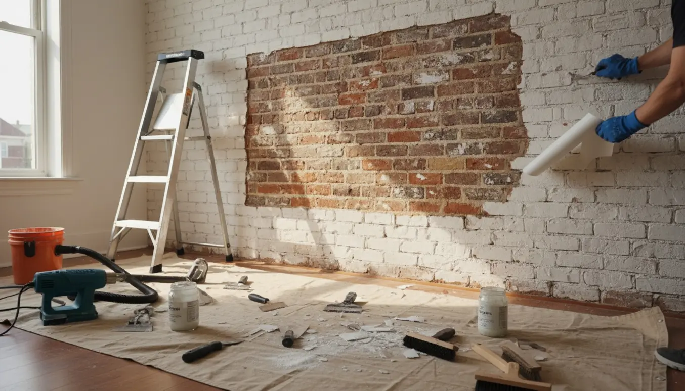 Delvist afskallet hvidmalet murstensvæg med værktøj og handsker på en dækkemåtte i naturligt lys.