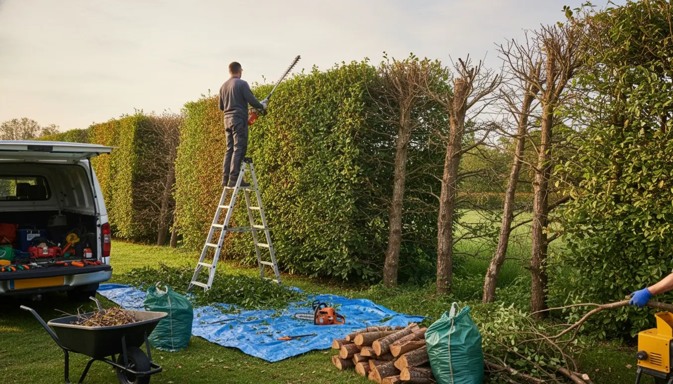 En person på en stige topper en lang, blandet hæk i varmt eftermiddagslys med afklip samlet i en trillebør.