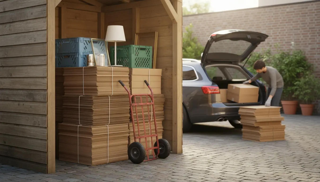 Stak papkasser og let genbrugsmateriale i et cykelskur klar til afhentning.